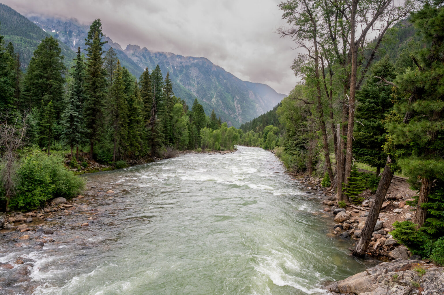 Scenic wide shot of Upper Animas River - Mountains and pine trees in background - Mild to Wild