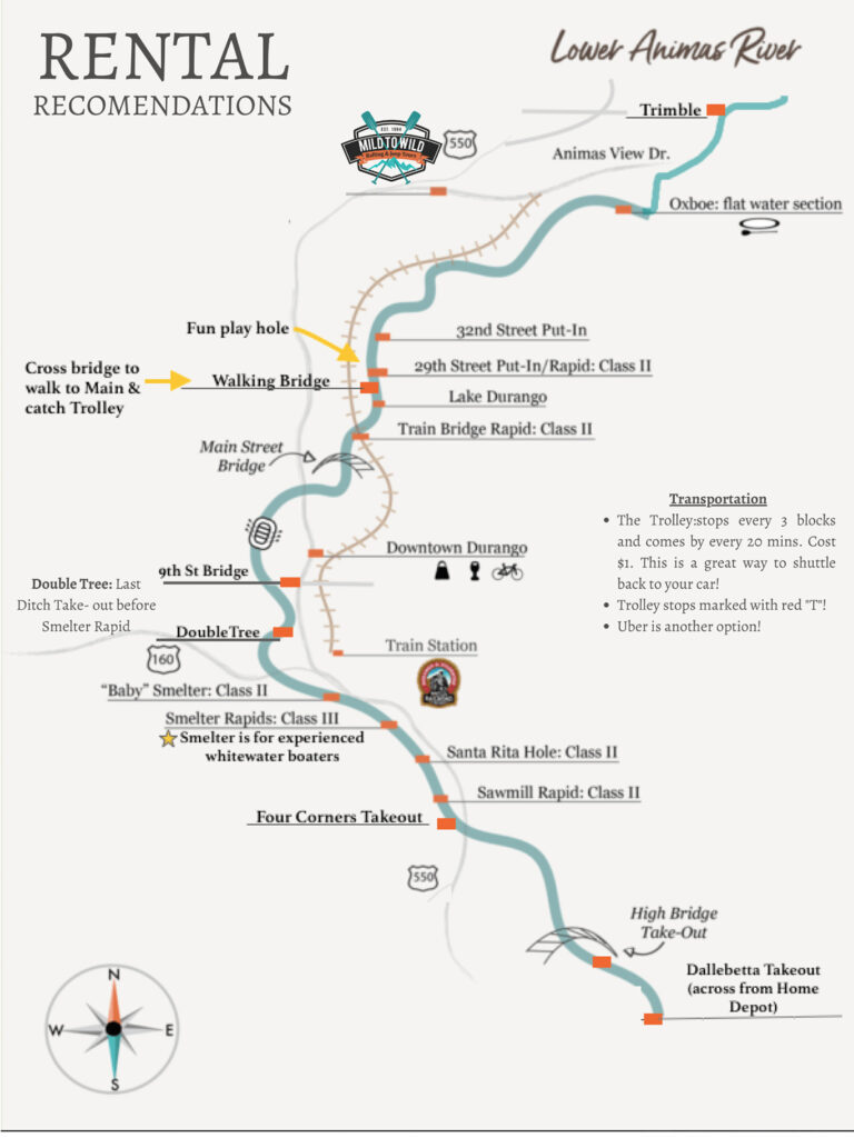 Map Of Durango Put-Ins And Take-Outs On The Lower Animas River - Mild to Wild Rafting