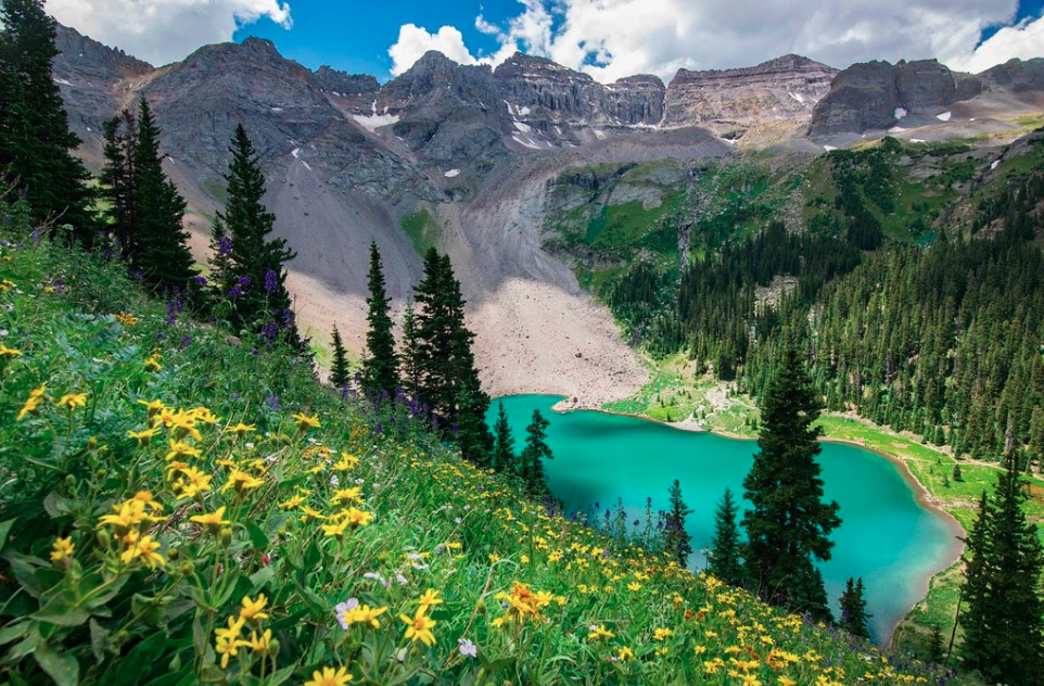 Blue lakes trail Telluride Colorado - Wildflowers sloping to lake - Mild to Wild