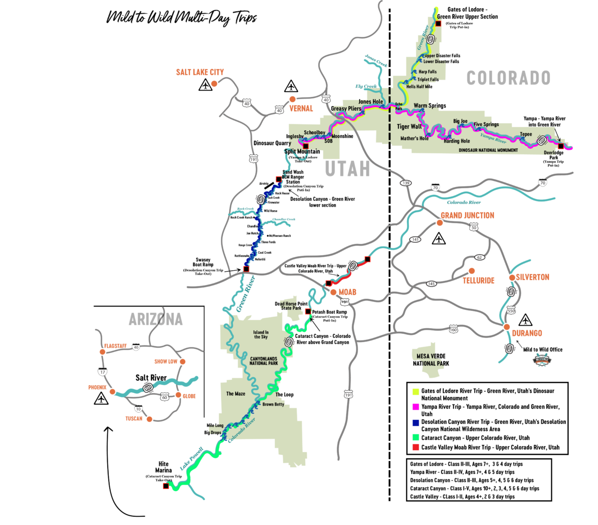 Western Multi-Day Rafting Trips Map - Mild to Wild Rafting