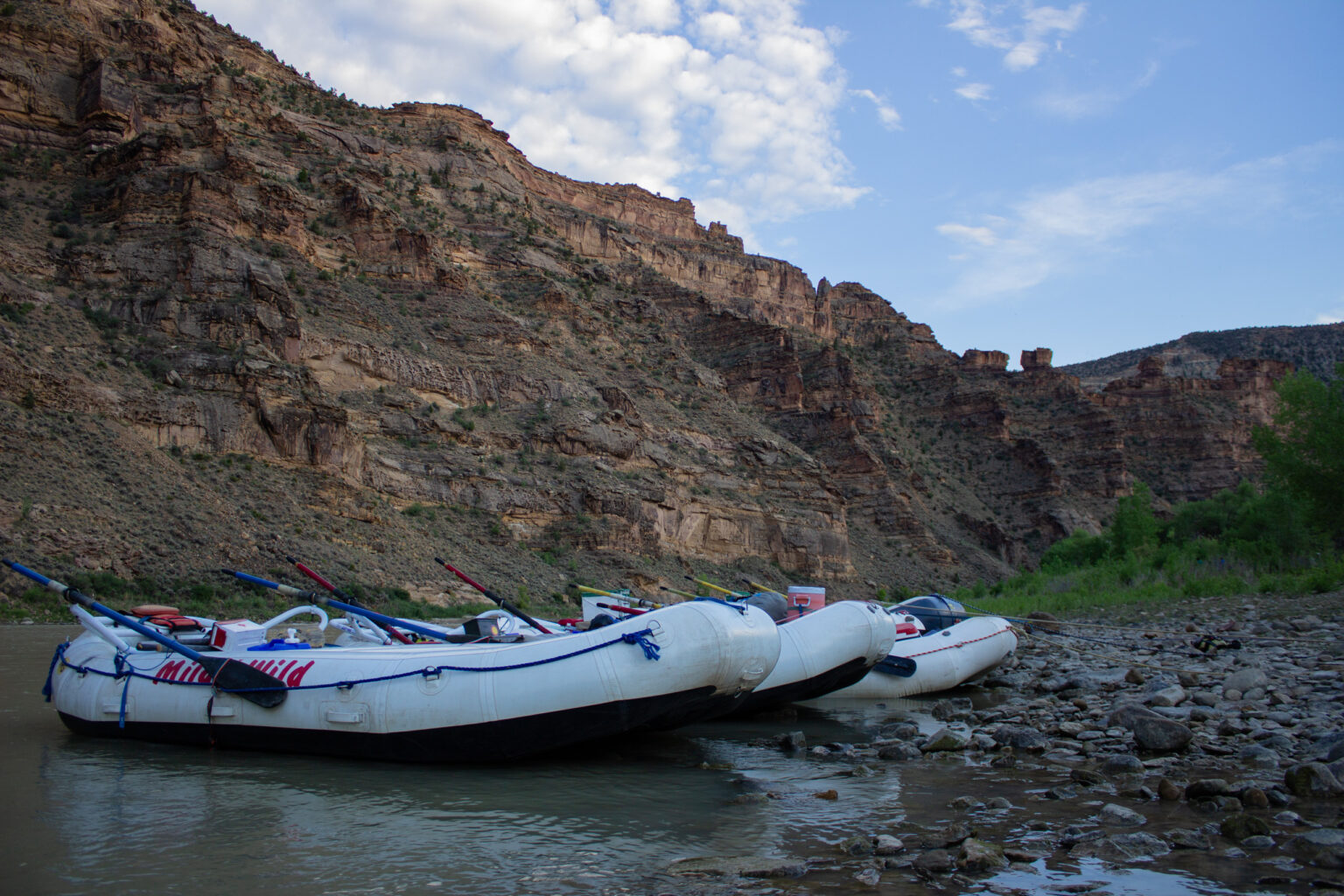 Desolation Canyon - Wide shot of Boats Parked with mountains in background - Mild To Wild