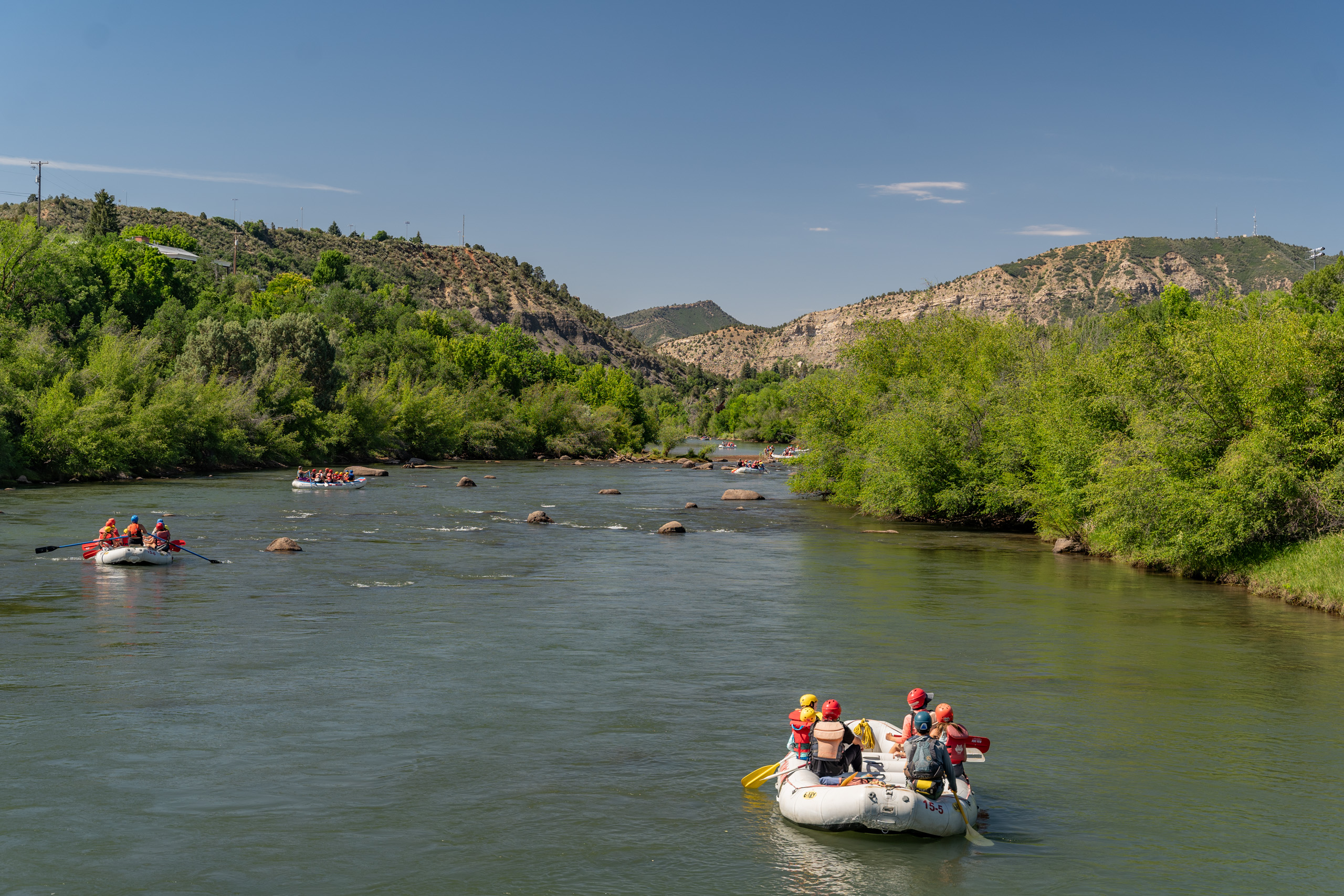 Durango Rafting on the Lower Animas - Boats with mountains in the background - Mild to Wild