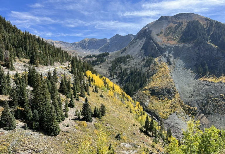 View of mountains and valley from Imogene Pass in the fall.