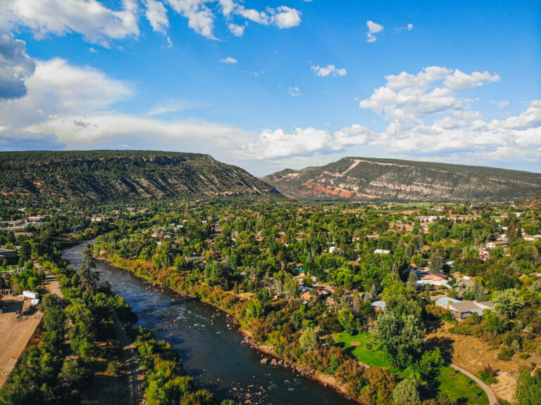 Drone shot of Durango Colorado in summer at sunset 