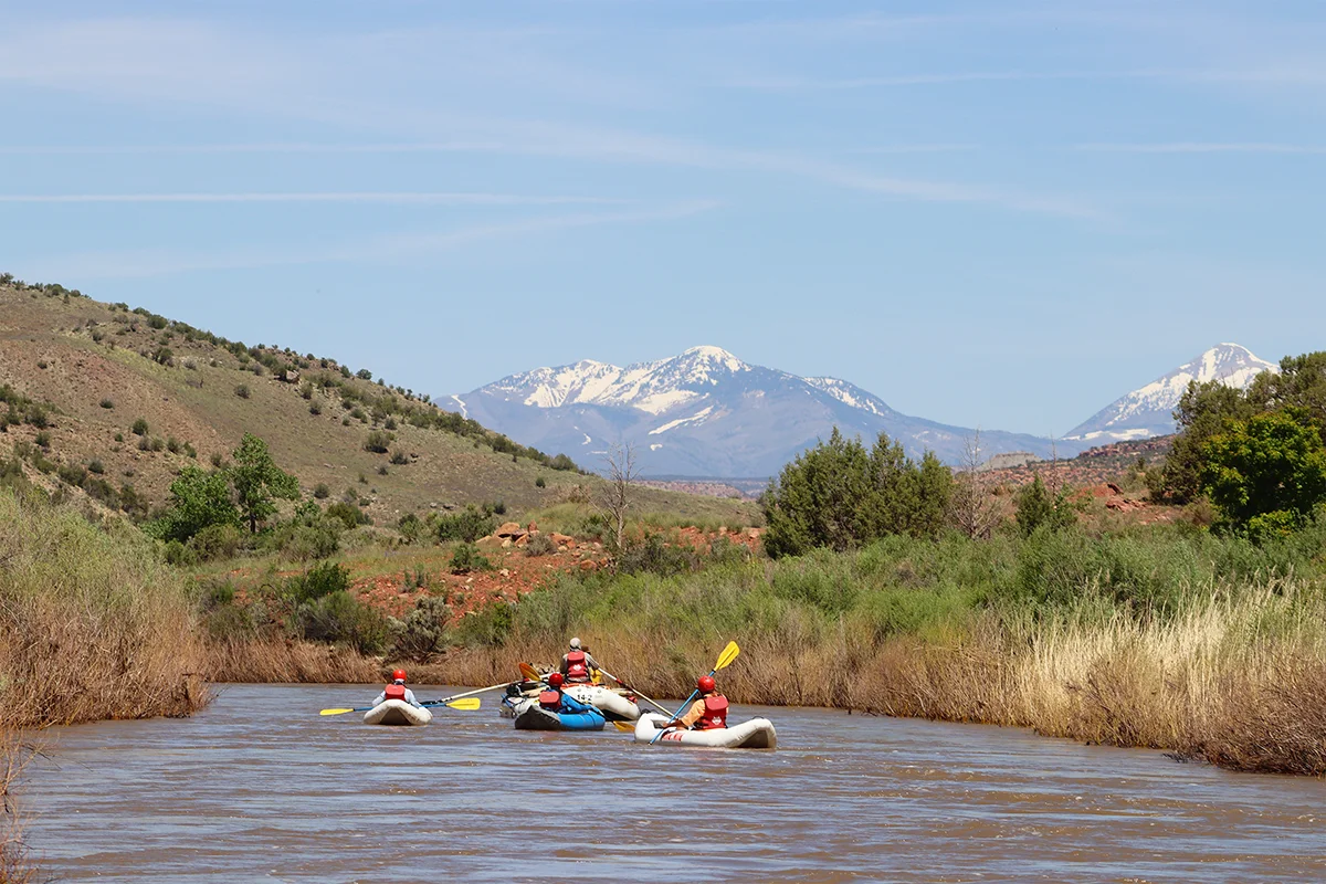 Multiple smaller inflatable rafts on the Dolores River