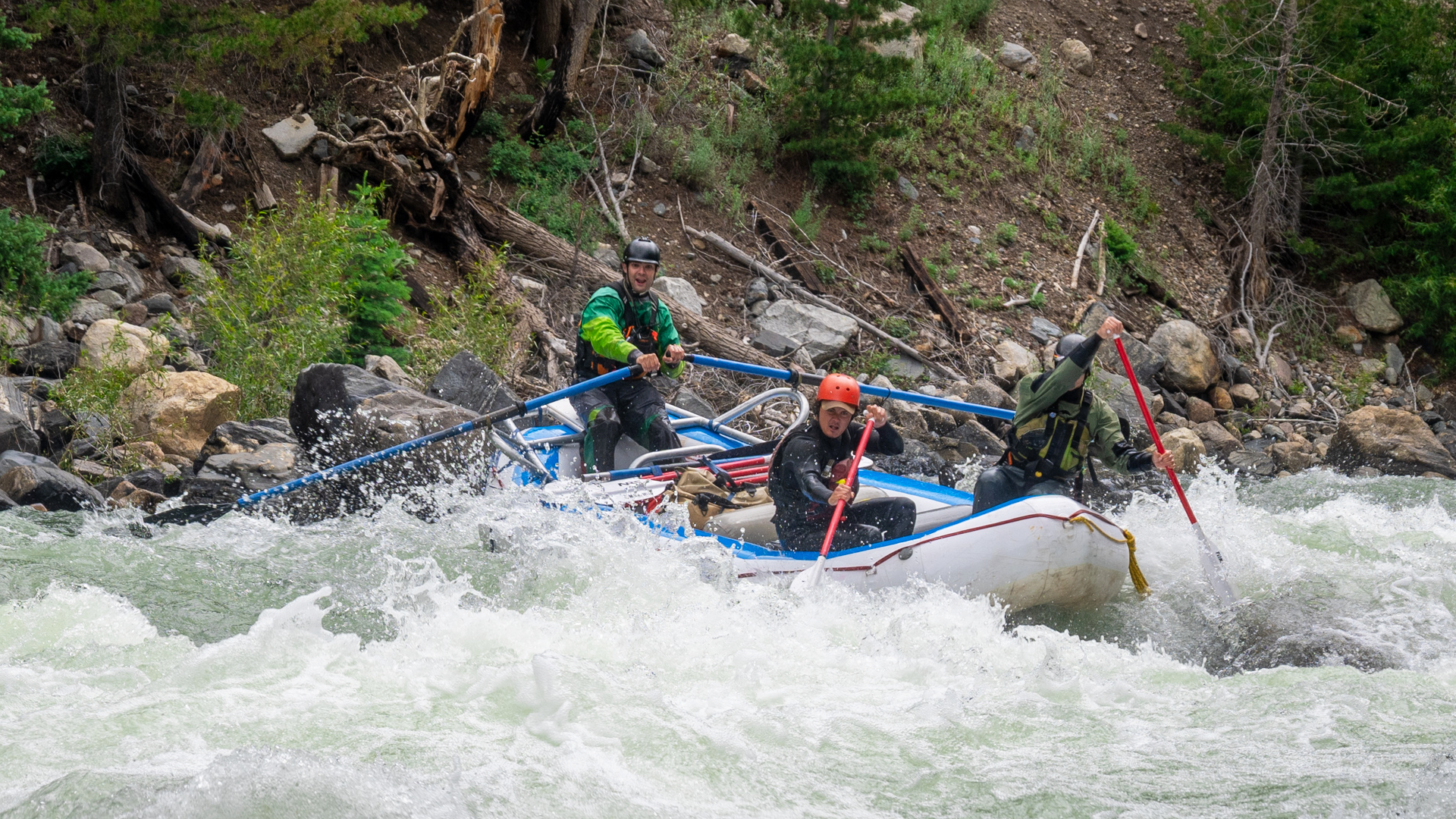 Whitewater rapids with 3 people paddling in a raft - Upper Animas River - Mild to Wild